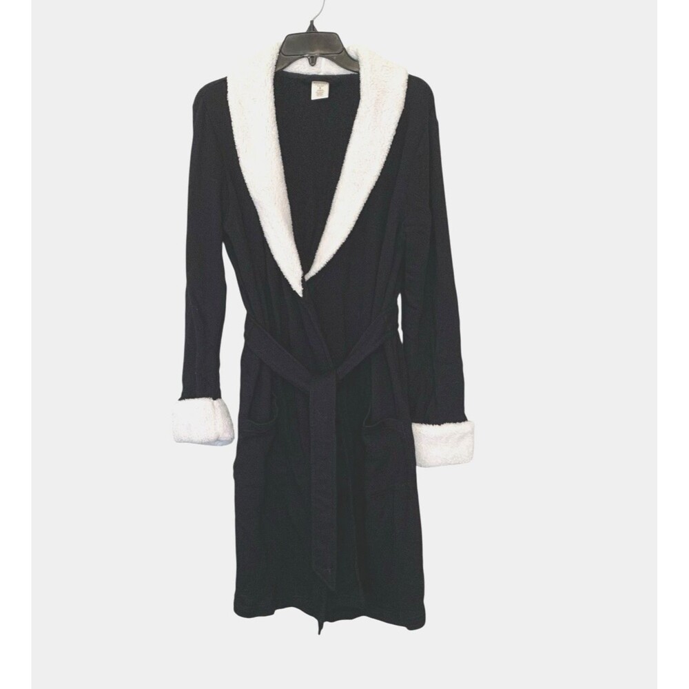 Sonoma Life + Style Black Belted Robe Womens Size Small Sherpa Trim, Pockets